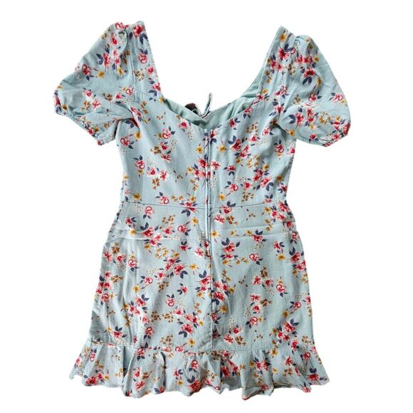 City Triangles Linen Blue Floral Puff Sleeve Mini Dress Fairy Cottagecore XL - Picture 3 of 10